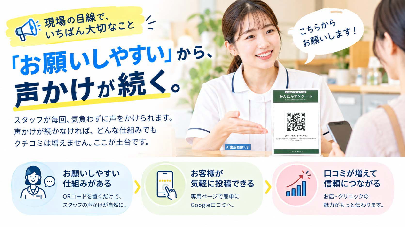 「お願いしやすい」から、声かけが続く。受付でかんたんアンケートのQRコードをご案内する様子